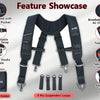 Black heavy-duty tool belt suspenders featuring a pocket, adjustable straps, plated hooks, and phone holder.