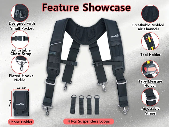 Black heavy-duty tool belt suspenders featuring a pocket, adjustable straps, plated hooks, and phone holder.