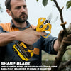 A man uses a yellow electric pruning shear to cut branches on a tree.