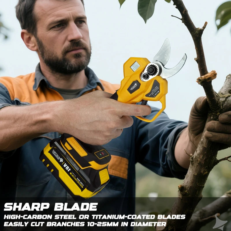 A man uses a yellow electric pruning shear to cut branches on a tree.
