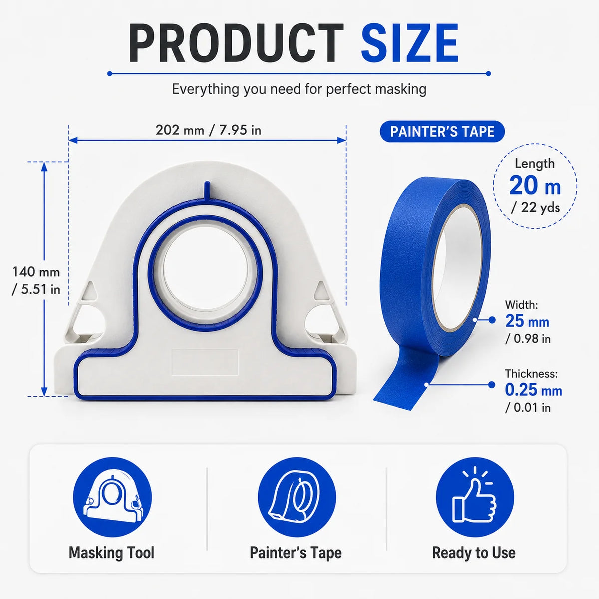 A white paint masking tool and blue painter's tape roll are shown with dimensions.