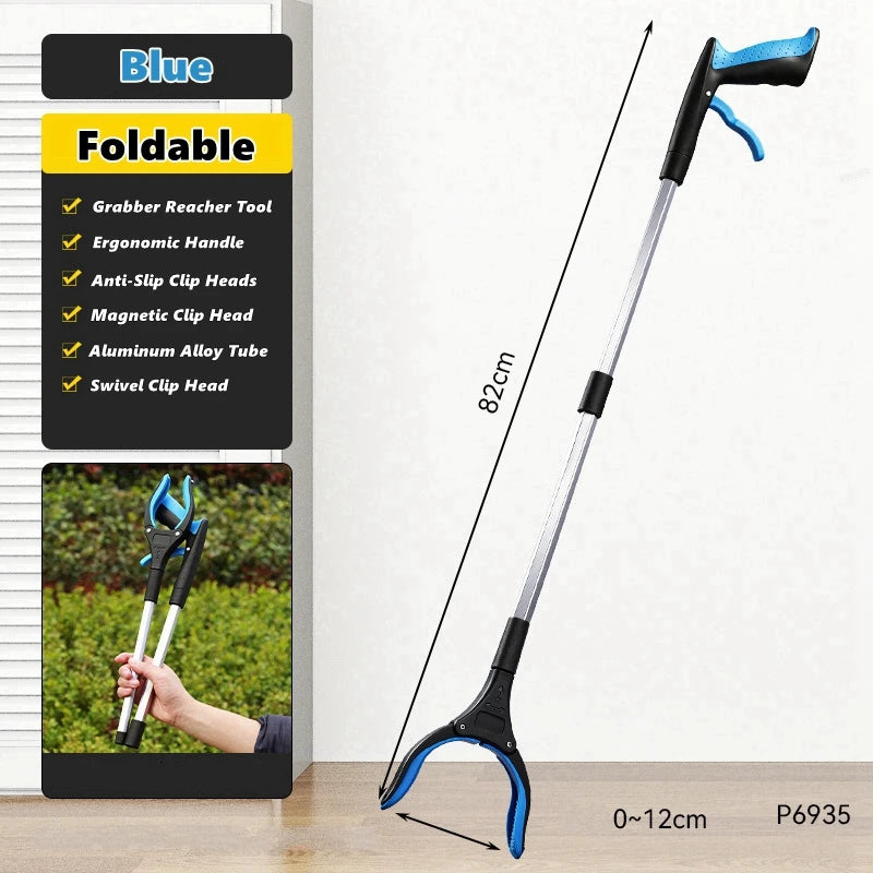 A foldable blue silicone garbage grabber tool with a long handle and swivel clip head is shown against a white background.