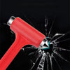 A red heavy-duty car glass breaker tool is shown breaking through a surface, creating cracks and shards.