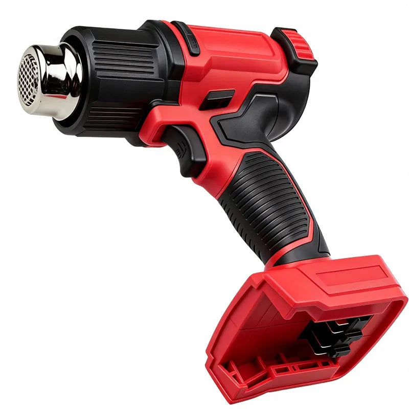 Pistolet chauffant sans fil rouge et noir réglable avec buse métallique et embout en plastique.