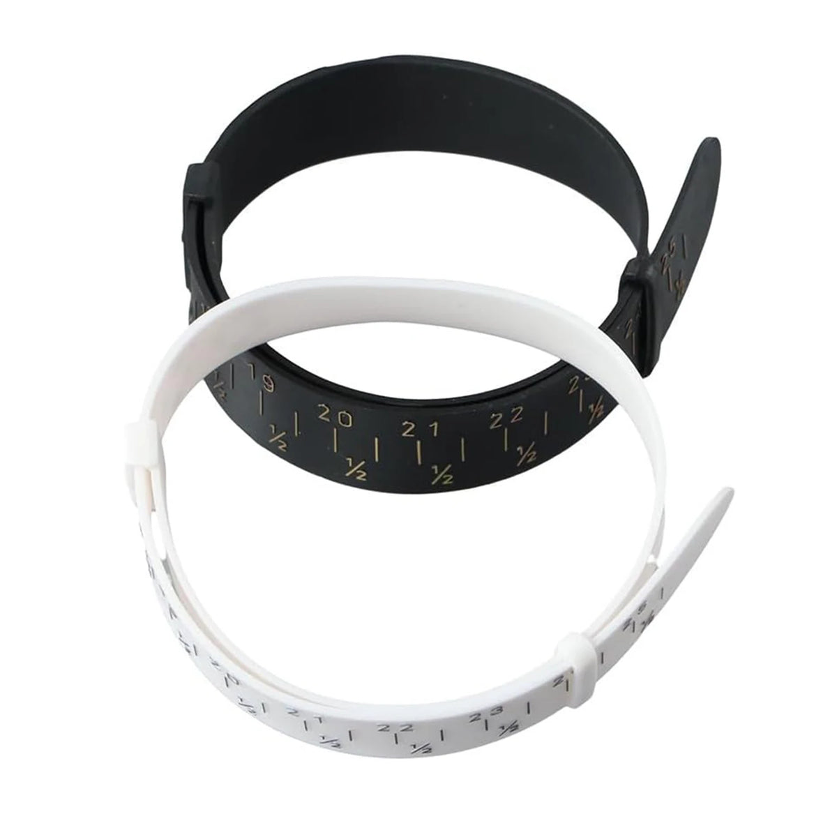 A black and white adjustable bangle sizer and measuring tool shown with two separate bands.