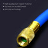 A close-up view of a 1/4" SAE pure copper joint fitting with a brass connector and blue tubing.