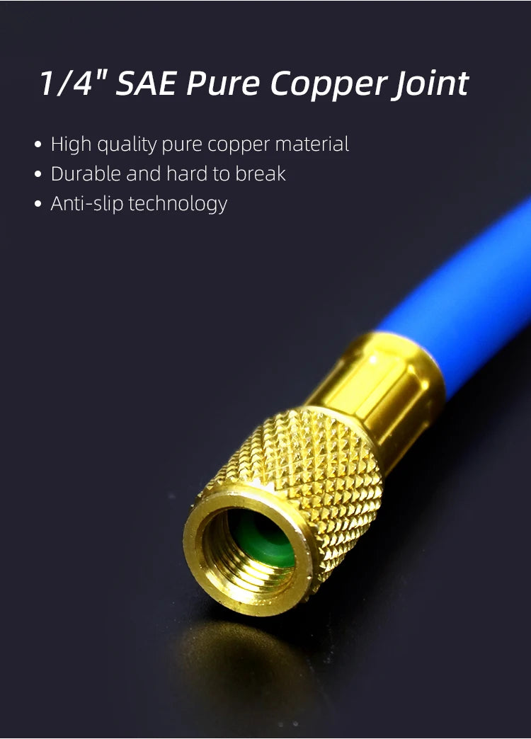 A close-up view of a 1/4" SAE pure copper joint fitting with a brass connector and blue tubing.
