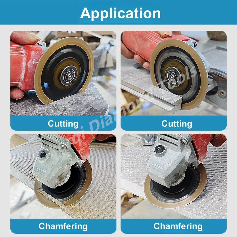 Images showing the application of precision diamond saw blade discs for cutting and chamfering materials.