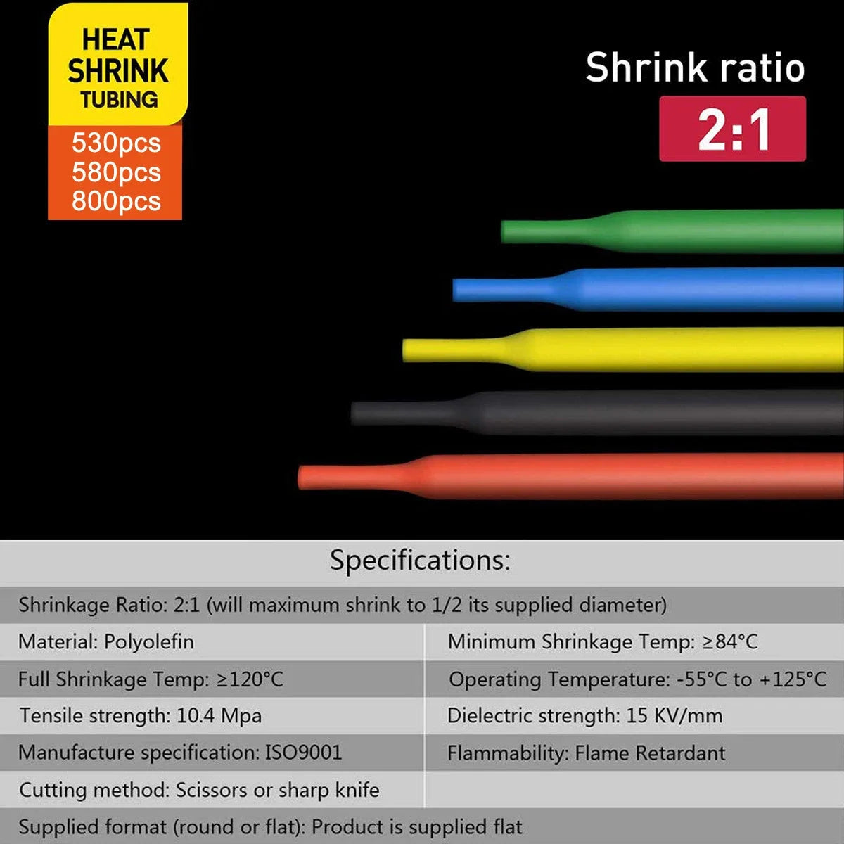 Assortment heat shrink tubing in various colors and sizes with a 2:1 shrink ratio