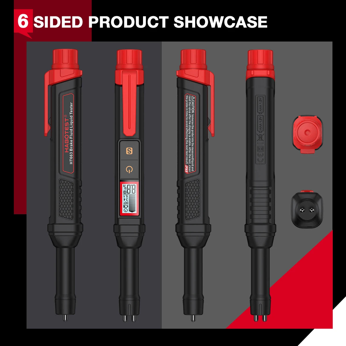 Six sides showcase of a black portable digital brake fluid tester device.