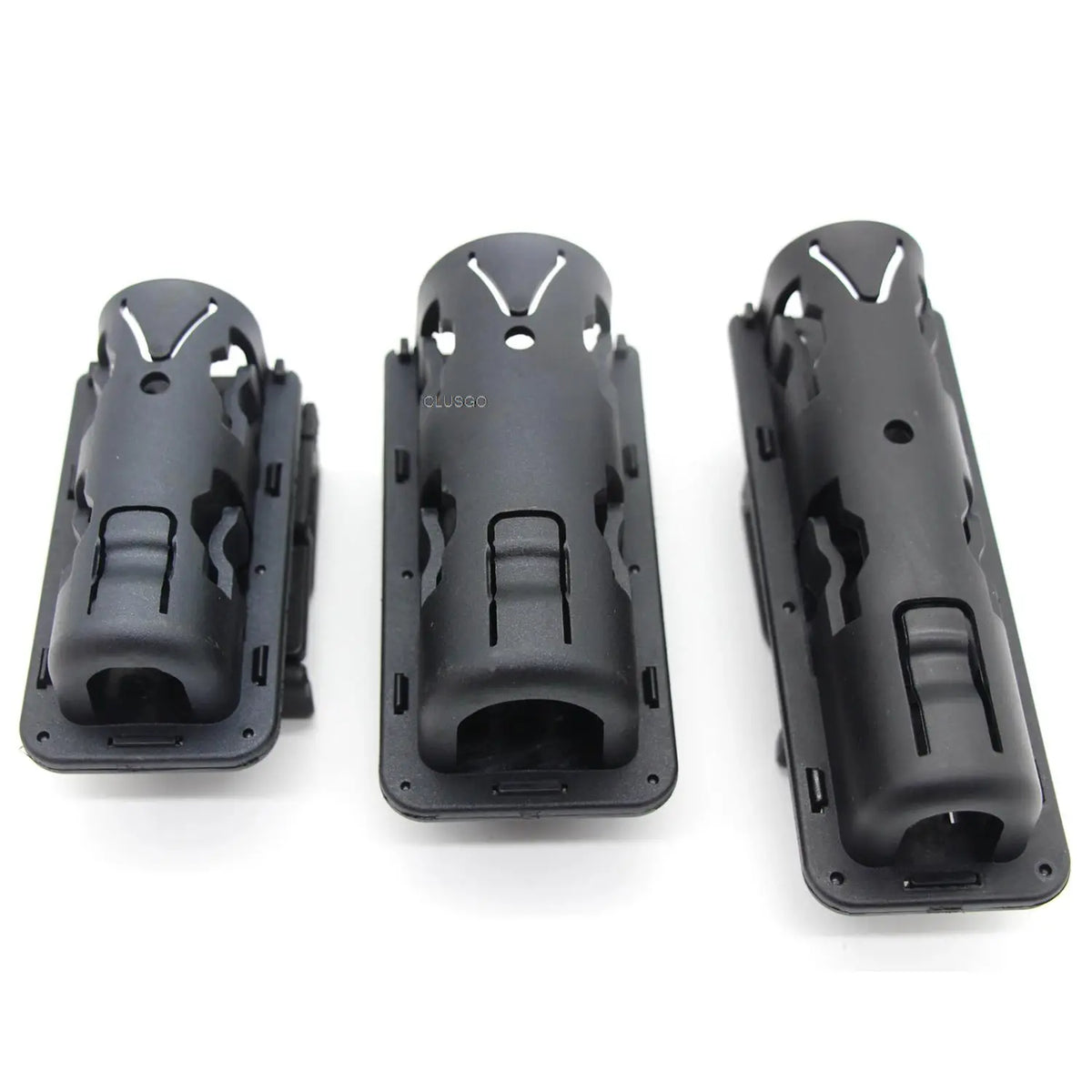 Black tactical baton and flashlight holder with textured grip and protective casing