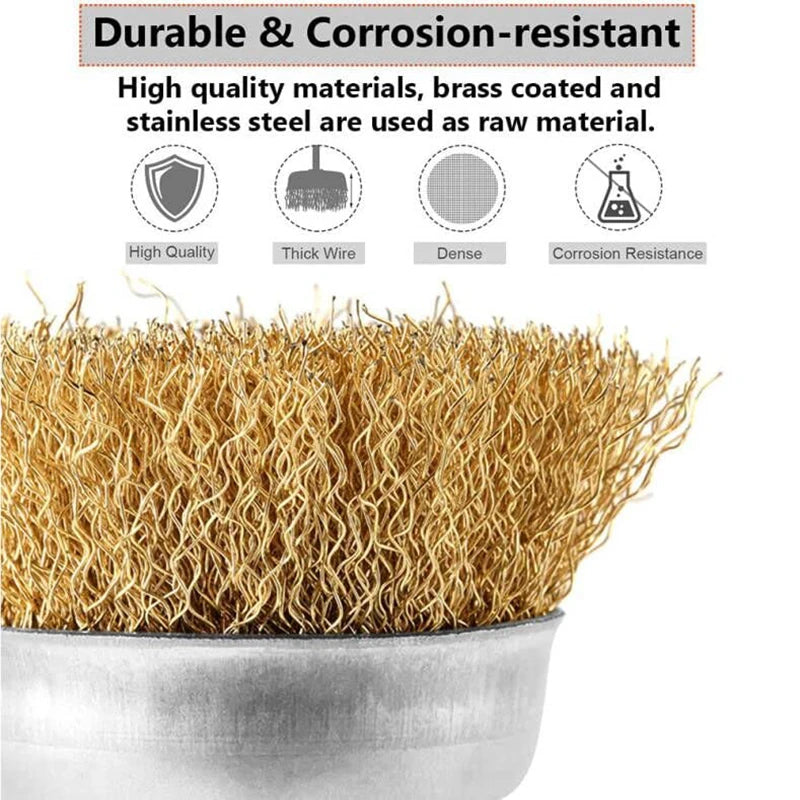 A pile of coarse crimped wire brush bristles in a metal bowl.