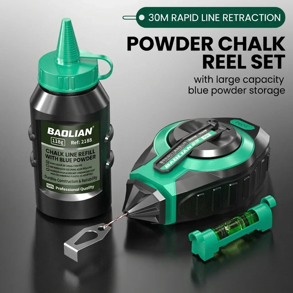 A Baolian powder chalk reel set with a green bottle and a black tool for line marking.