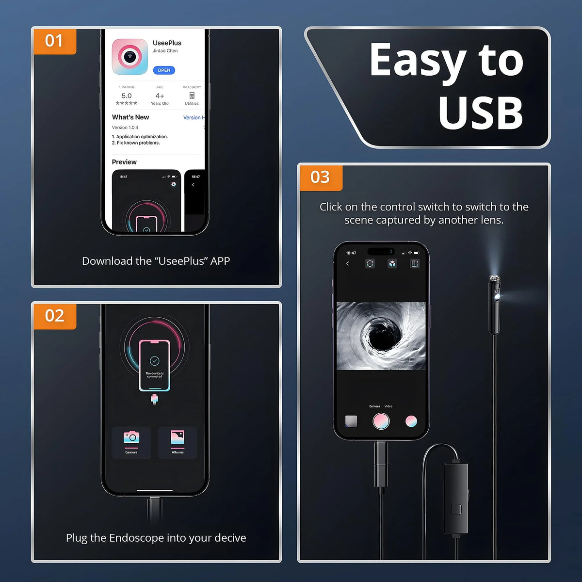 Instrucciones para usar la aplicación UseePlus y conectar el endoscopio a un dispositivo.