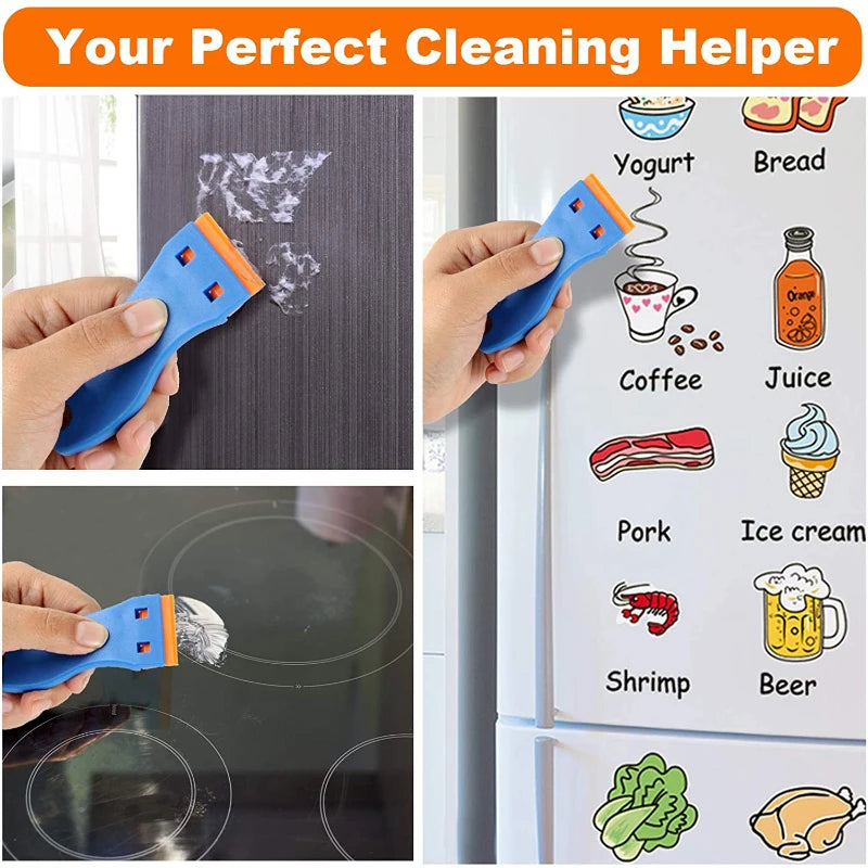 A multi-tool scraper with 10 plastic blades is shown cleaning various food items like yogurt, bread, coffee, juice, pork, shr