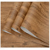 Rolls of wood grain vinyl wall contact paper showing natural brown wood texture and grain pattern.