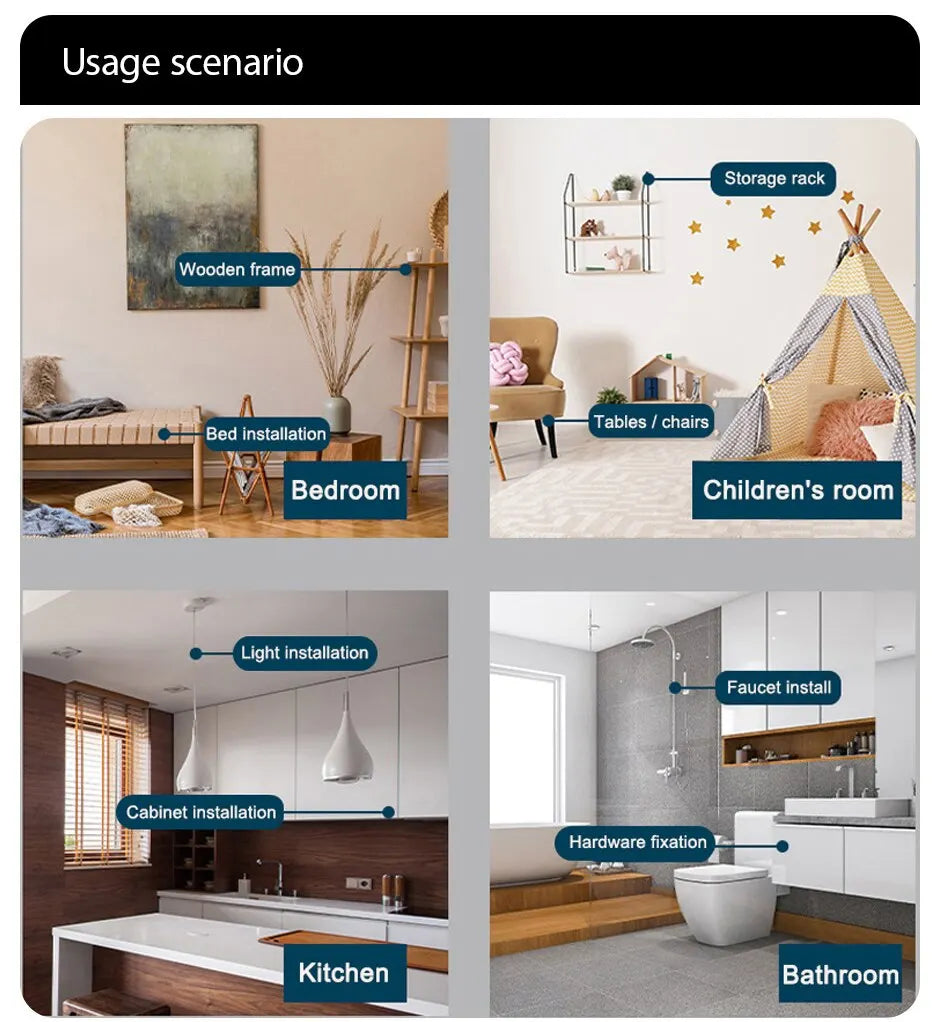 Diagram showing usage scenarios for a mini cordless electric screwdriver set in bedroom, kitchen, and bathroom.