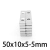 A set of silver rectangular neodymium magnets with dimensions 50x10x5-5mm.