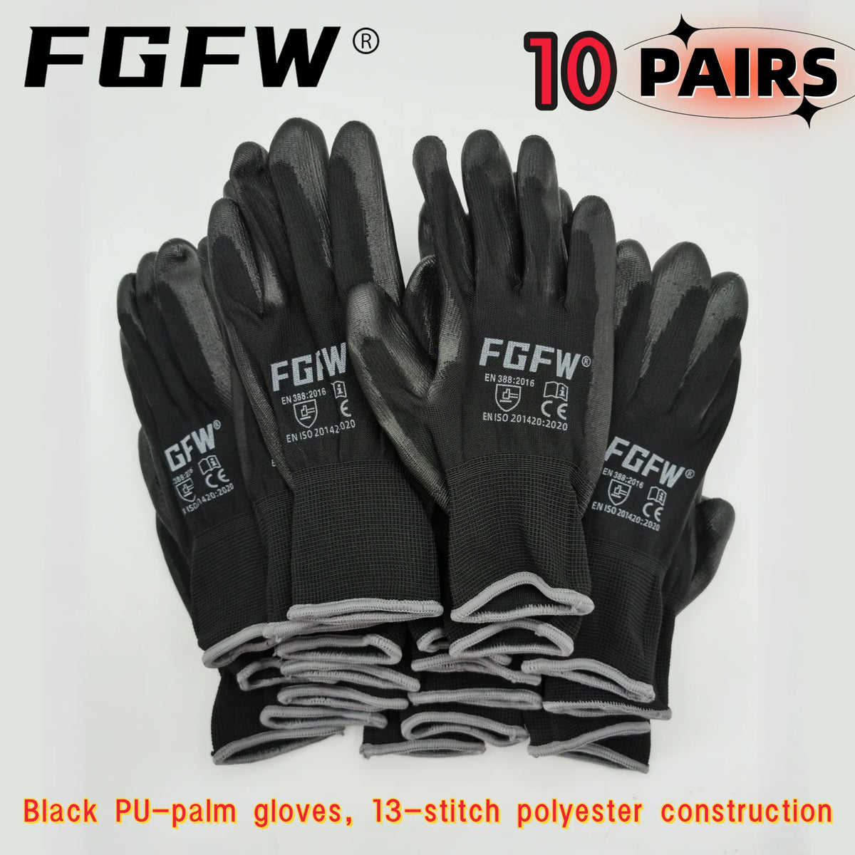 Ten pairs of black PU-palm gloves with 13-stitch polyester construction