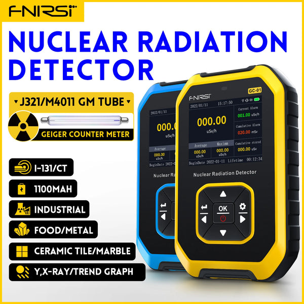 Geliches FNI RSI nukleares Strahlungsdetektorgerät GC-01 neben einem schwarzen mit verschiedenen Zubehör