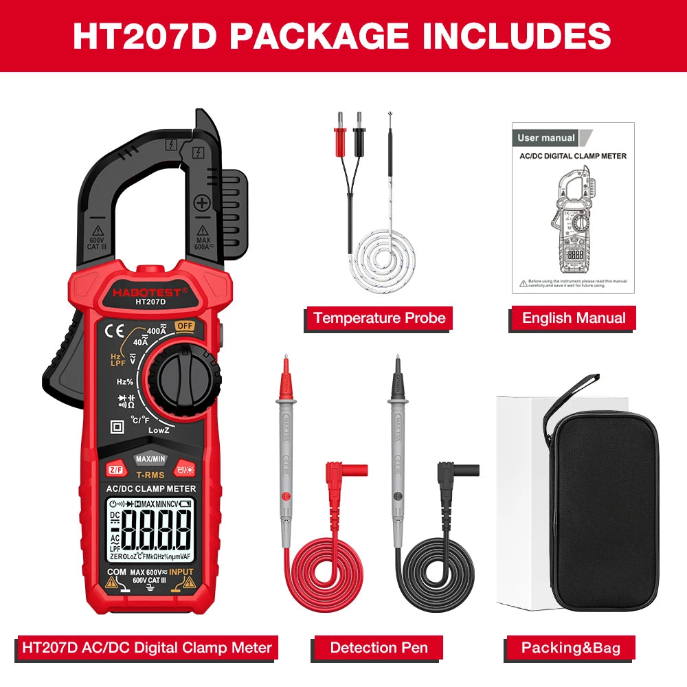 Image showing the HT207D AC/DC Digital Clamp Meter, detection pen, and packaging bag.