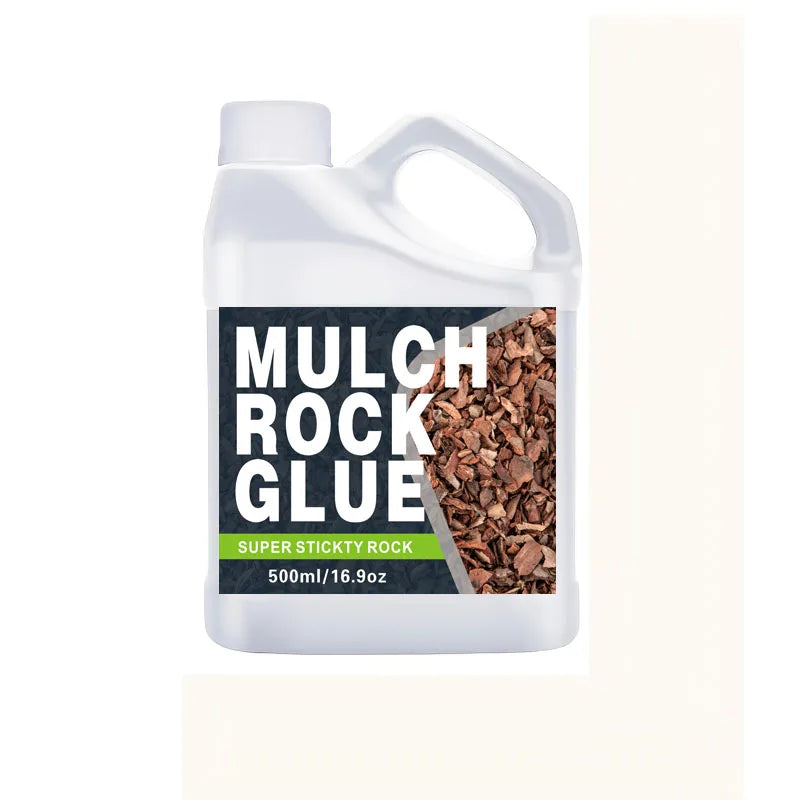 A white plastic bottle of mulch rock glue with a white cap and a handle, showing a close-up of the brown rock material inside