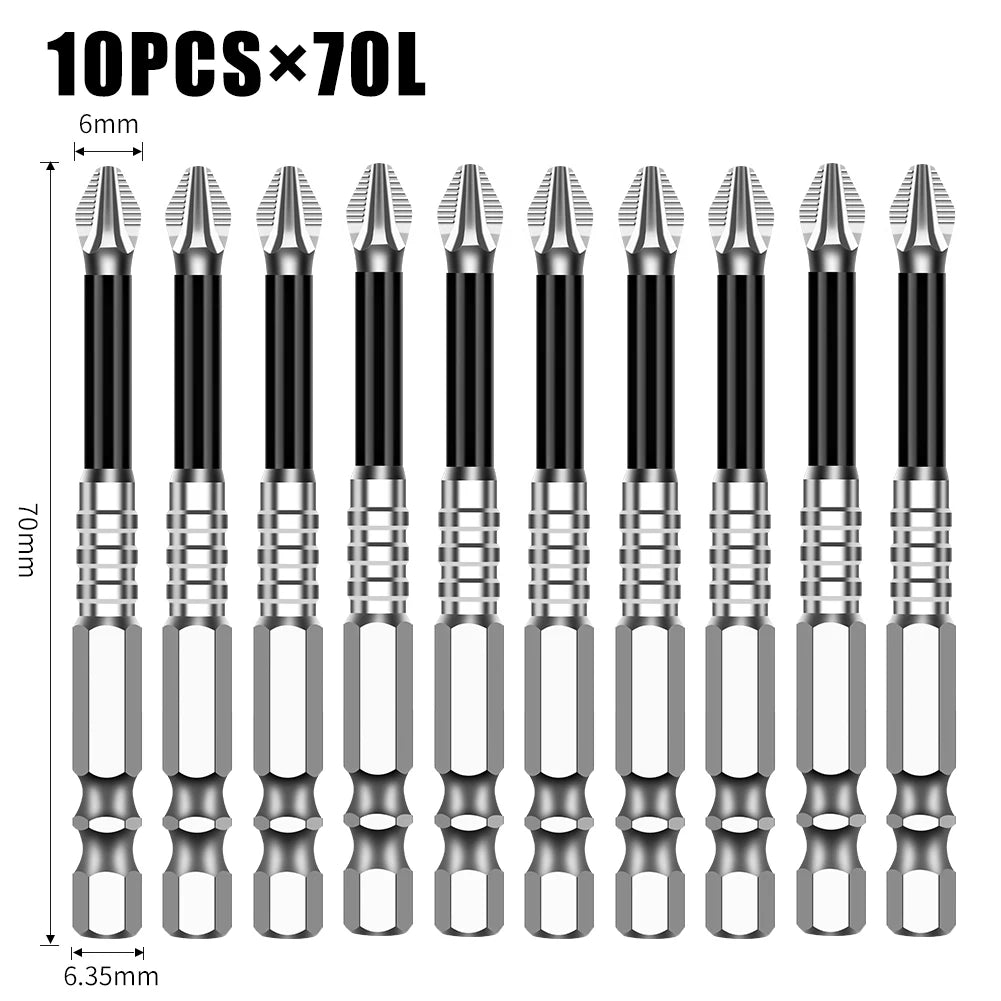 A set of ten 70L precision magnetic drill bits with a 6mm diameter and 6.35mm shank.