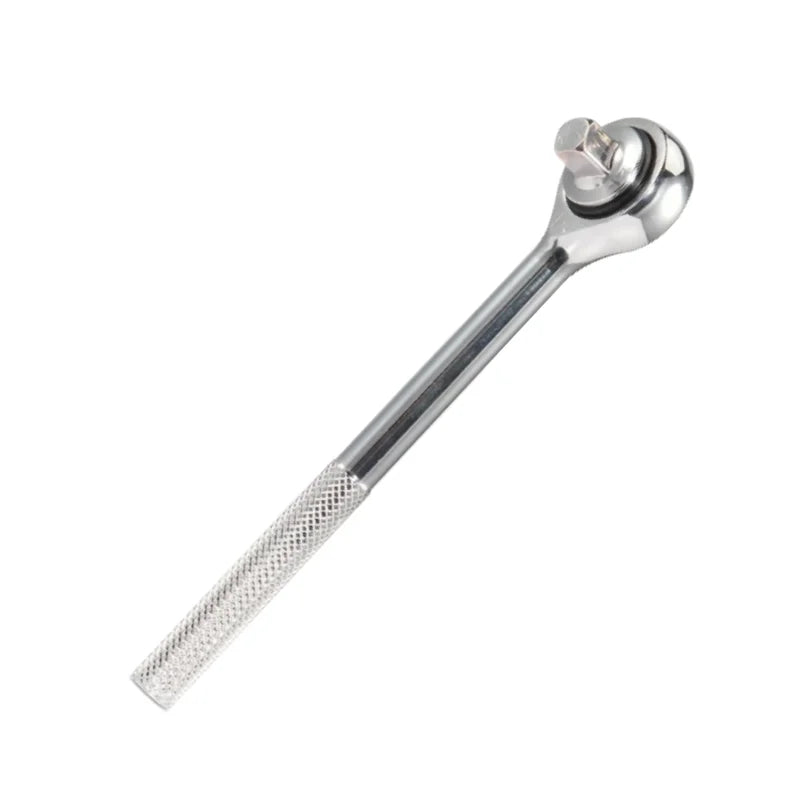 A silver adjustable universal socket wrench with a textured handle and a hexagonal opening.
