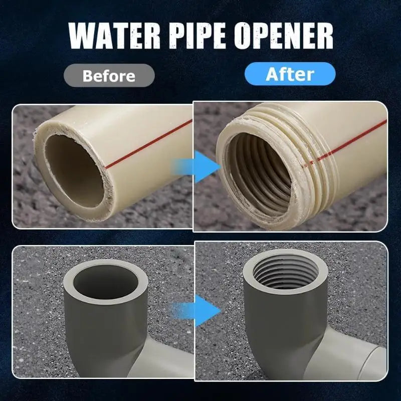 Before and after comparison of a water pipe opener tool used to cut threads on a pipe.