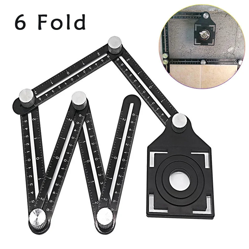 A black six-fold construction angle measuring ruler with multiple measurement scales and a square head.