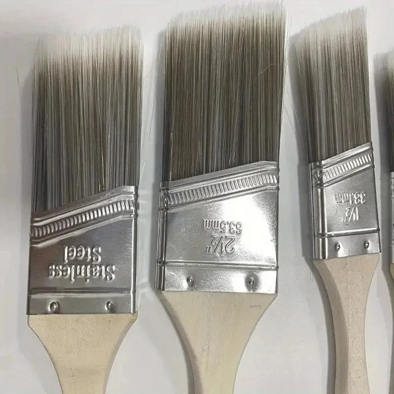 A set of five professional paint brushes with silver handles and bristles displayed side by side.