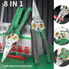 A green and black 8-in-1 tool with an electrical test function for wire stripping and crimping.