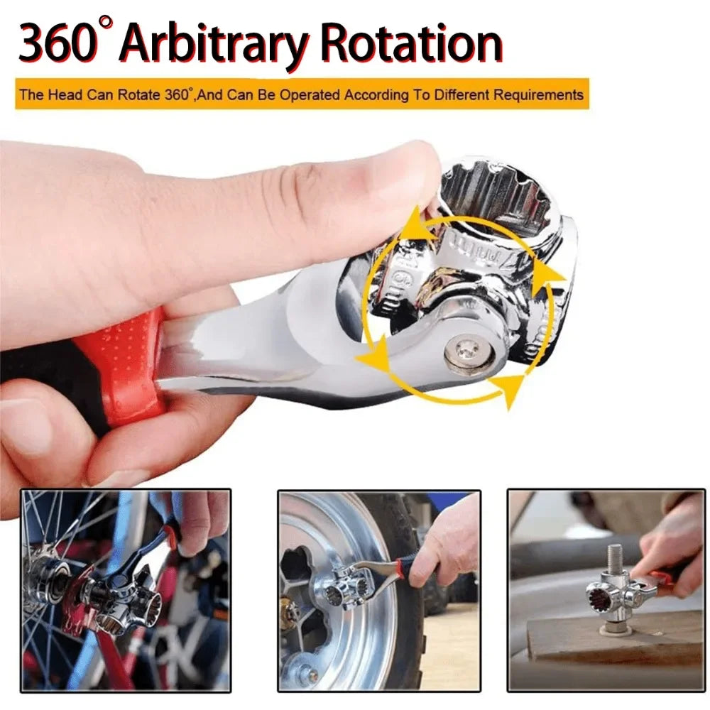 Una mano demuestra la rotación arbitraria de 360 grados de una llave inglesa.