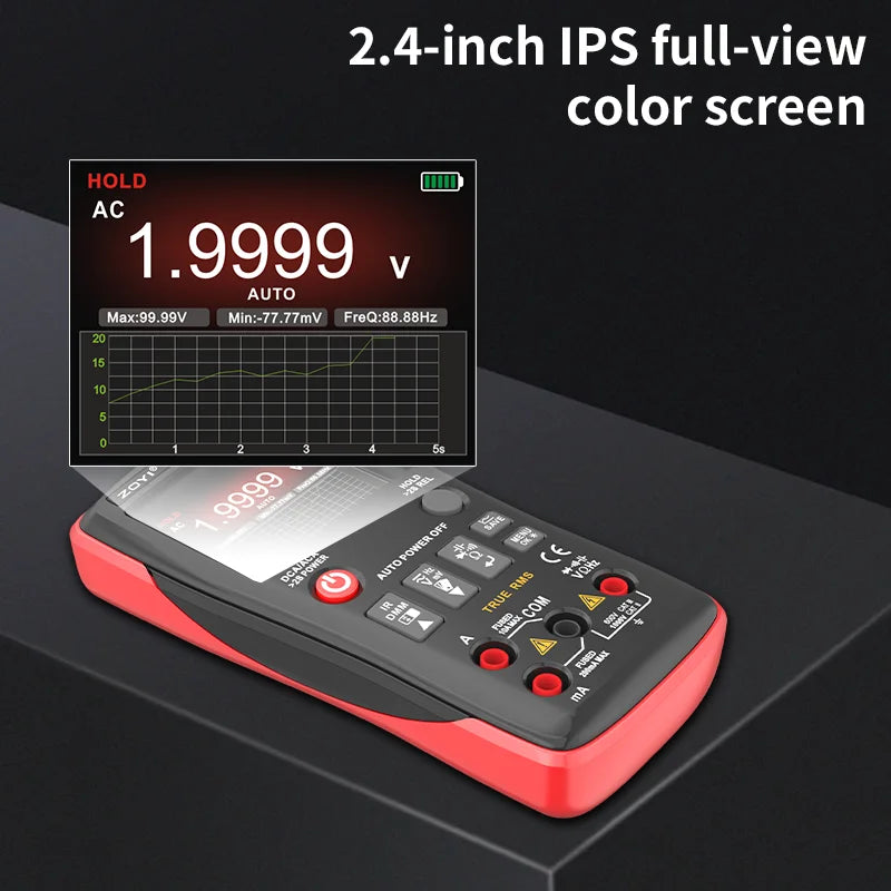 Rotes digitales Multimeter und Wärmebildgerät, das eine Spannung von 1.9999V anzeigt