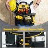 A black and yellow hammer holder and tape measure holder tool pouch being held by a person.