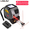 A gray laser rangefinder device with an attached tape measure is shown measuring a surface.