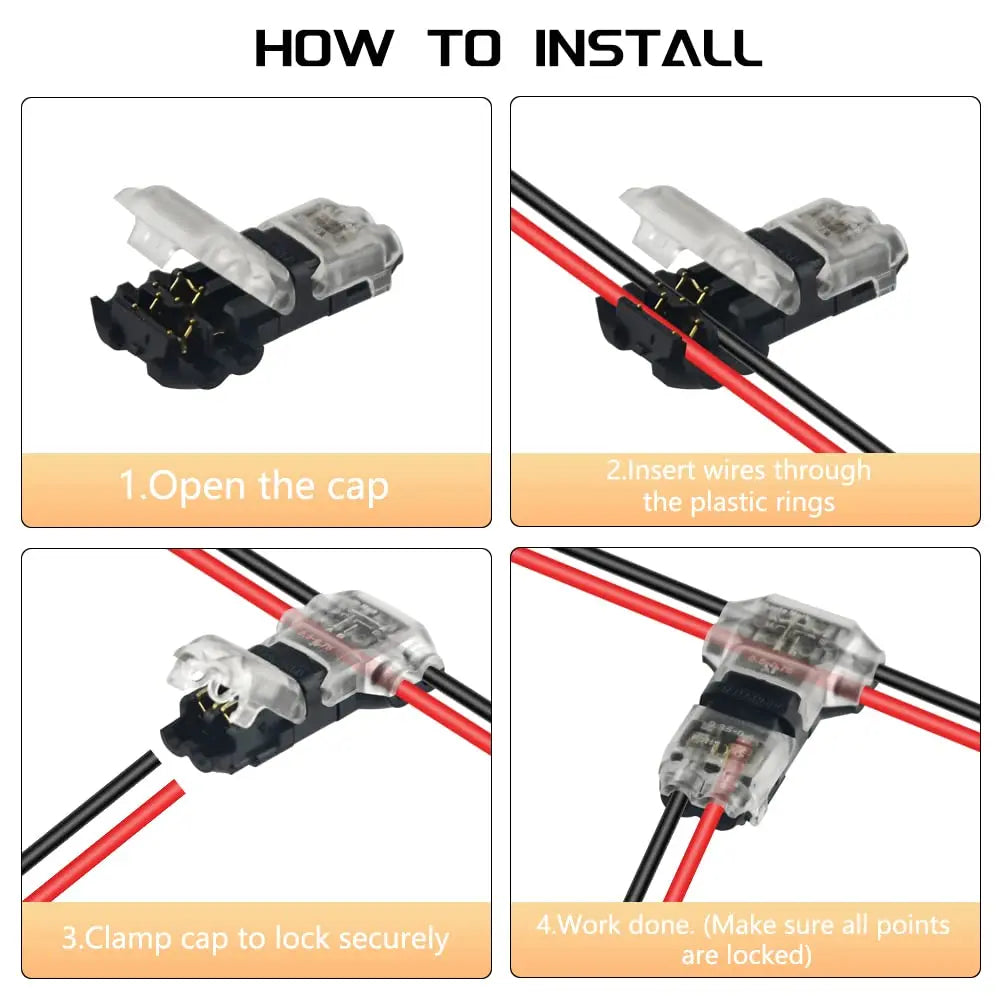 Installation guide showing steps to insert wires through plastic rings and clamp the cap to secure snap-in wire terminal conn