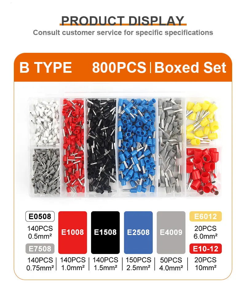 Boxed set of 800 pieces of B type crimp terminals in various sizes and colors
