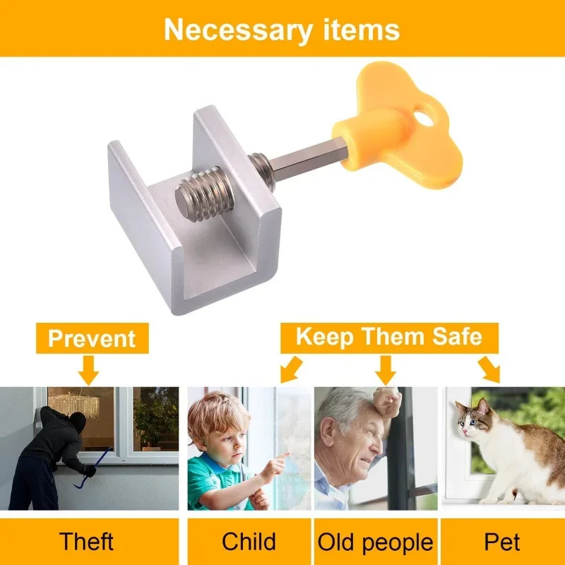 A silver sliding window sash lock stopper with a yellow plastic handle, shown in context for preventing theft and keeping the