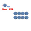 A set of 8 round, blue self-adhesive furniture sliders for floor protection, with a dimension indicator showing 20mm.