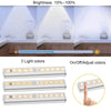 Three versions of a wireless under cabinet LED light showing brightness levels and color options for installation.