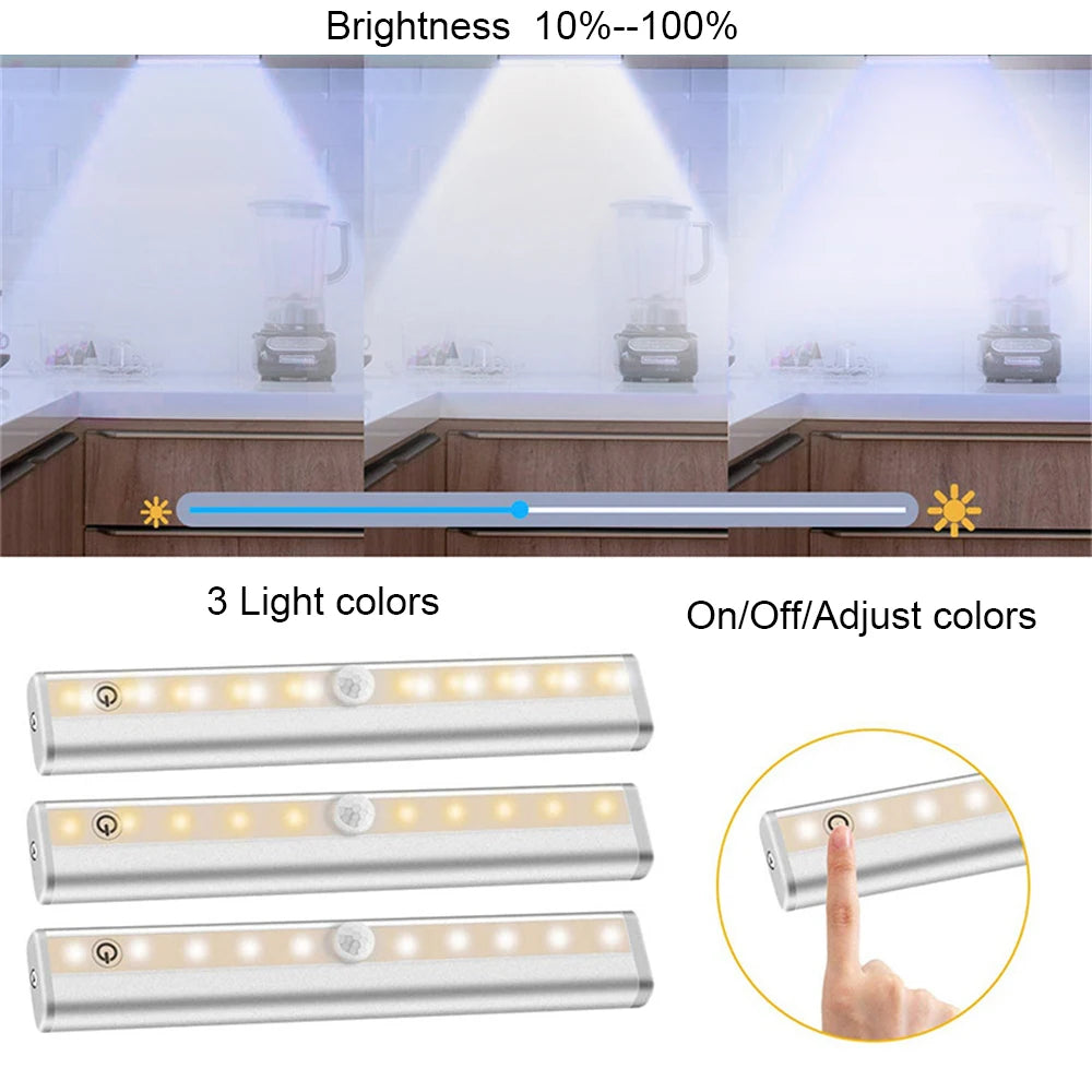 Three versions of a wireless under cabinet LED light showing brightness levels and color options for installation.