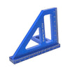 A blue precision woodworking square and protractor ruler used for measuring and drawing angles.