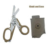 Khaki and case tactical folding rescue scissors with a matching protective case
