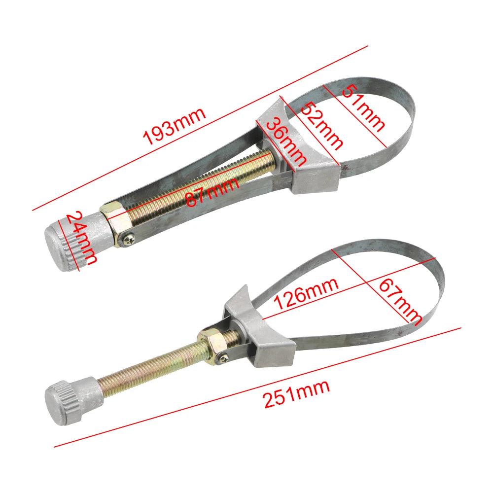 An adjustable car oil filter removal tool with various sized openings and a long shaft.