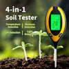 A yellow soil tester device is shown next to a small plant in dark soil, demonstrating its four detection features.