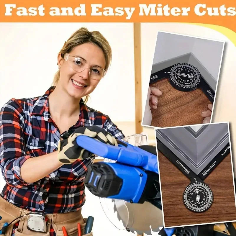 Une femme utilise un comparateur d'angle de scie à onglet laser de précision pour faire des coupes exactes dans le bois.