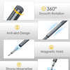 A precision screwdriver set featuring a T-handle, demonstrating 360 degree smooth rotation, anti-skid design, magnetic hold, 