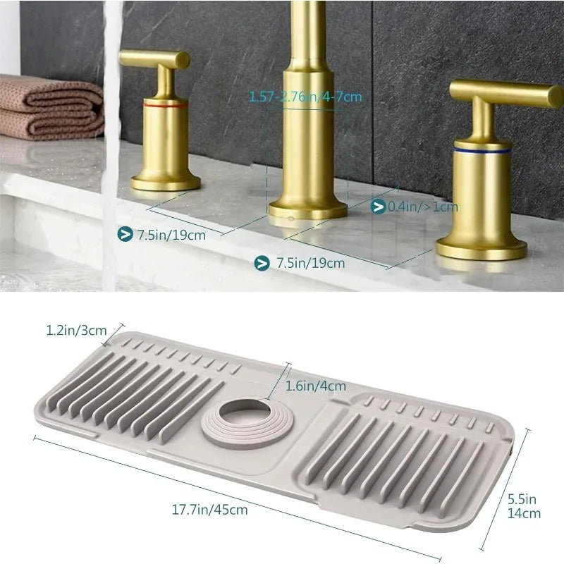 A silicone sink splash mat with ribbed drainage grooves and a circular cutout.