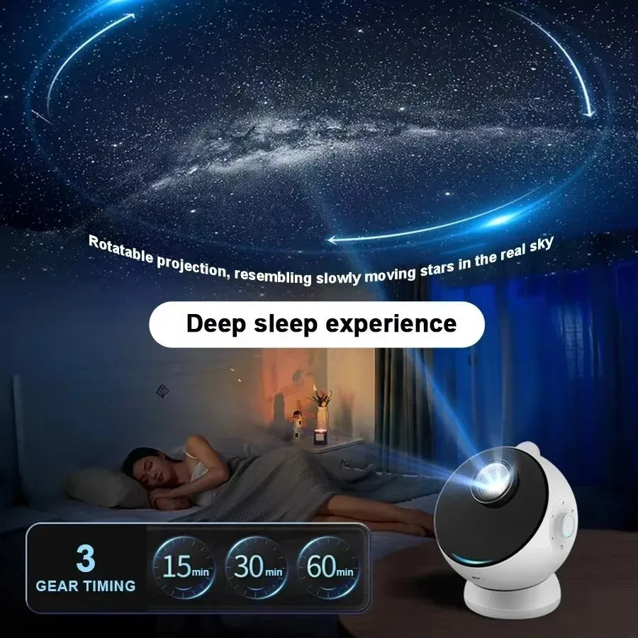 A white projector night light is shown illuminating a dark bedroom with a starry sky projection.